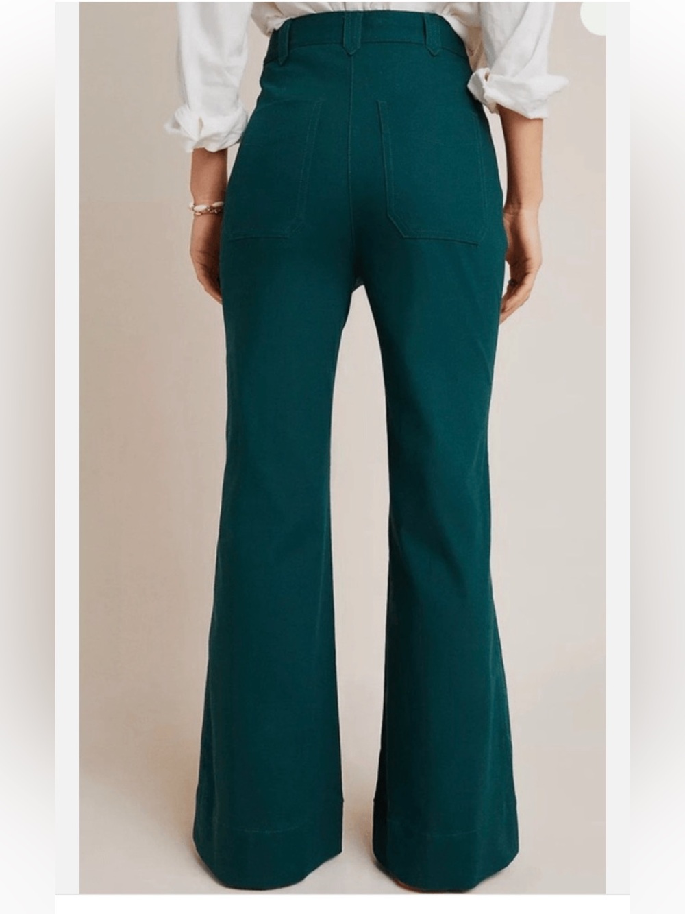 Anthropologie High Rise Wide Leg Flared Pants 1970's Deep Teal Green Sz 0 Cotton - Picture 2 of 12